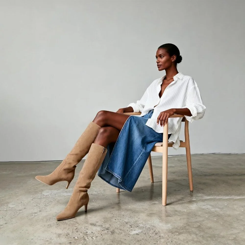 Women's Tan Suede Tall Boots Pointed Toe Kitten Heel Side Zipper Knee High Boots